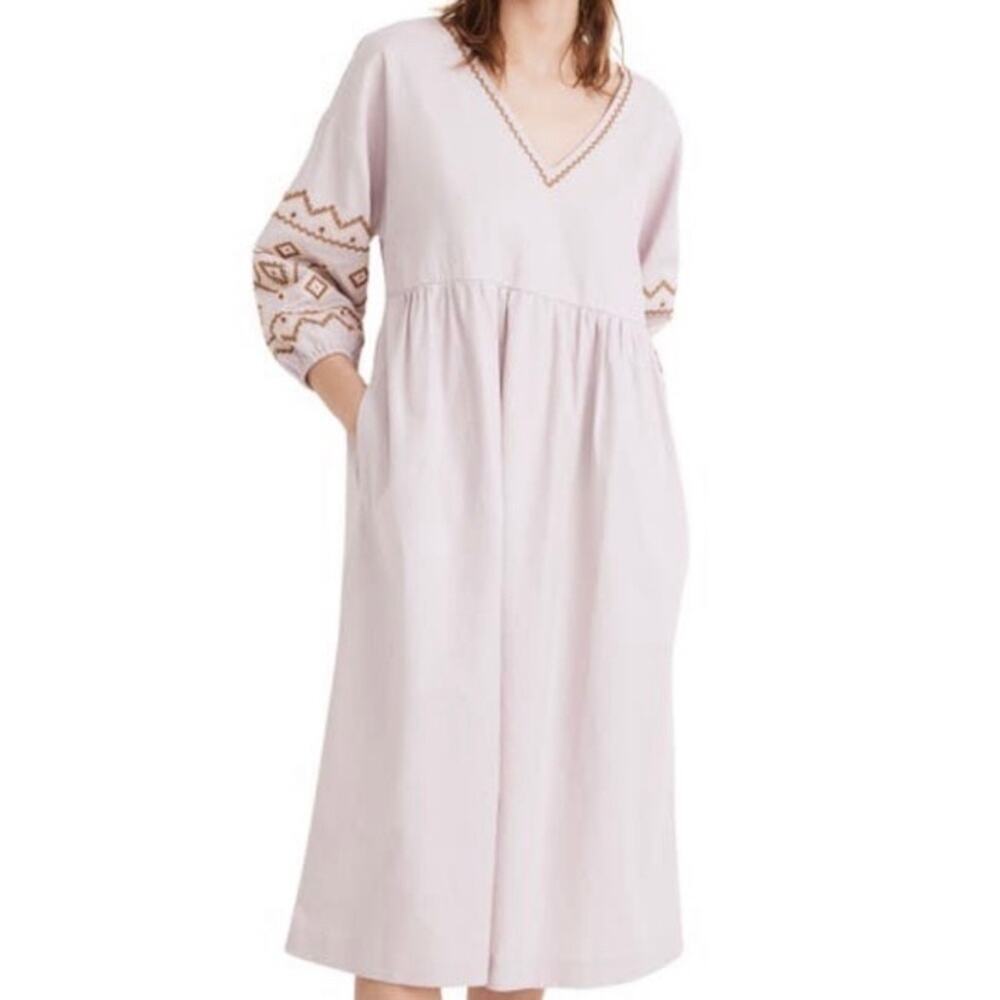 MADEWELL Embroidered Dress Popover Lagenlook Oversize Cotton Linen Pink Midi XXS